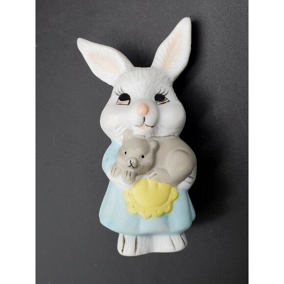Porcelain Rabbit Bunny Holding a Cat Figurine Easter Decor - Picture 1 of 12